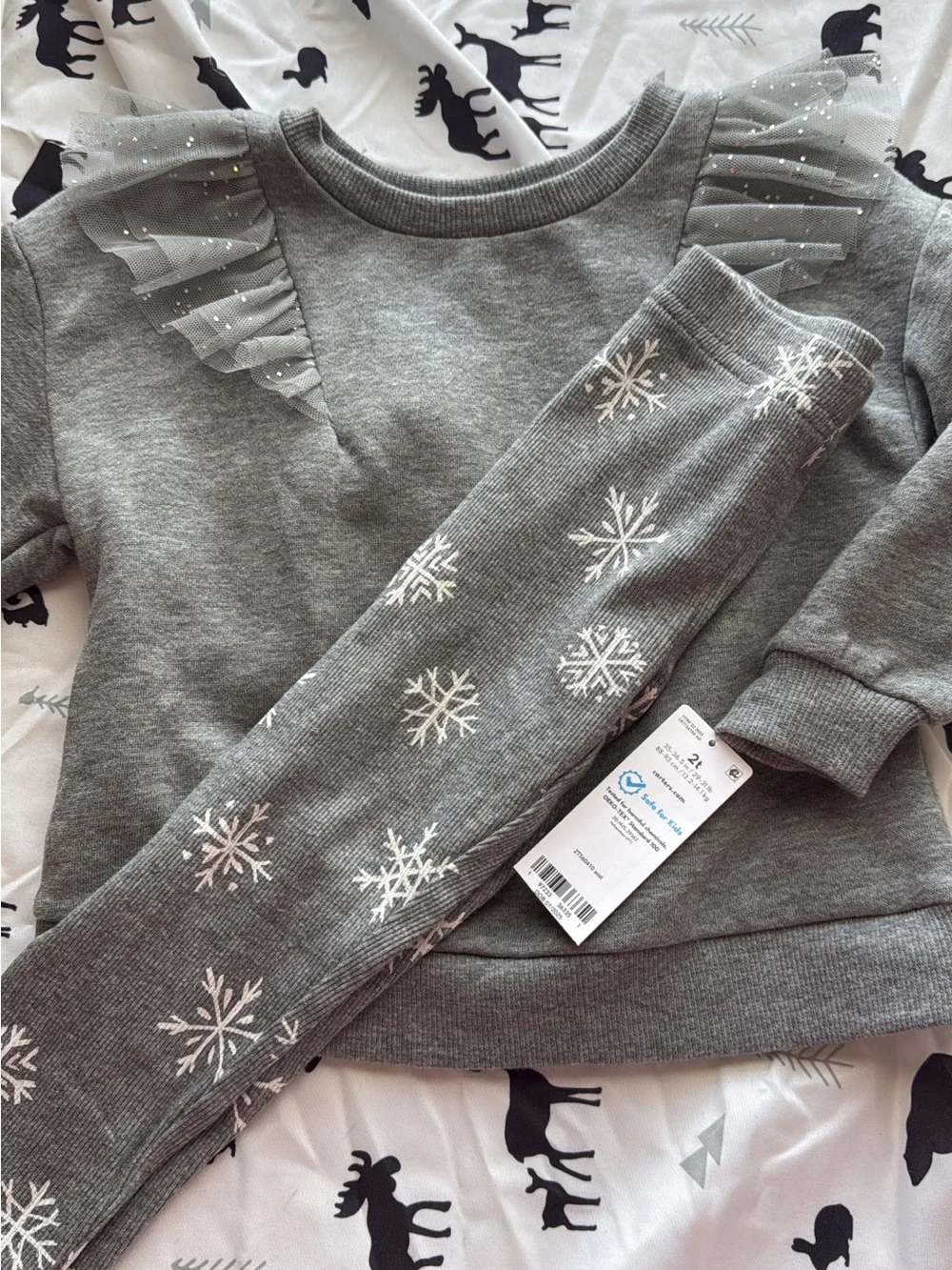 Grey Girls' Sweater Set with Tulle Ruffles and Snowflake Leggings